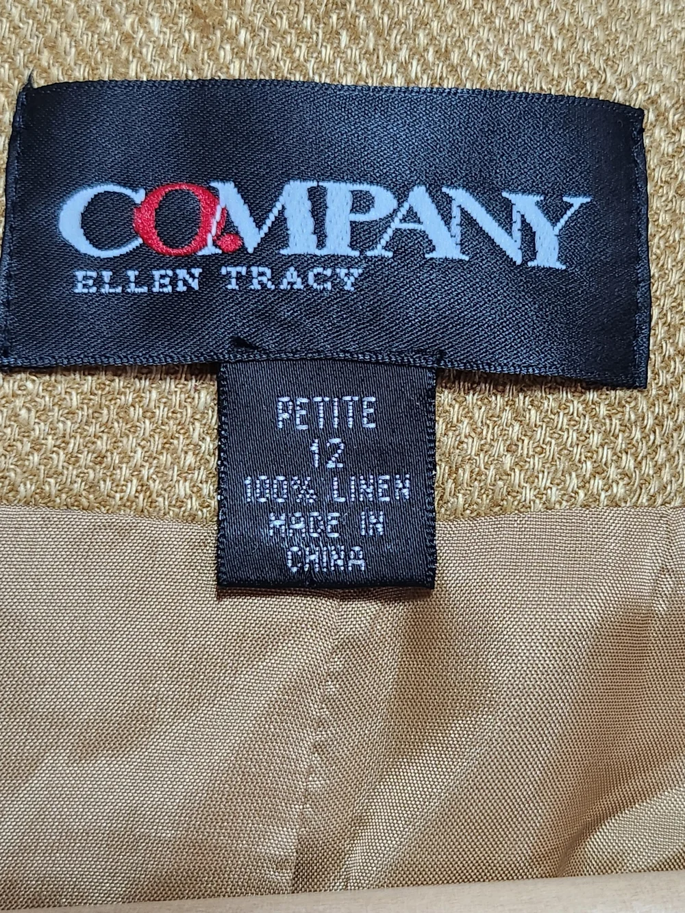 Ellen Tracy Company Petite Gold Tan 100% Linen Double Breasted Blazer Size 12